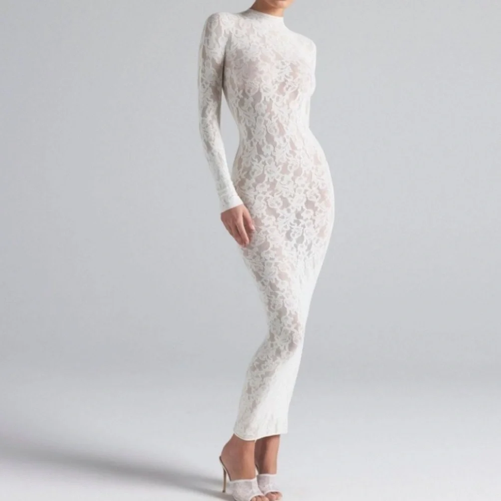 Skims Knit Lace Turtleneck Maxi dress Ivory - Picture 2 of 6